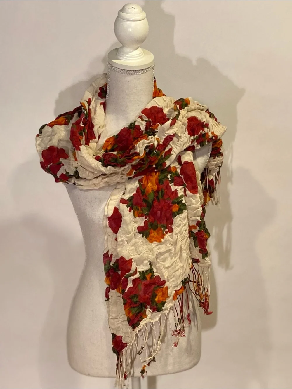 mark. Cream Crinkle Scarf with Red & Orange Floral Print